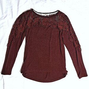 Rewind Women's Lace Shoulder Long Sleeve Tie Bottom Size XS Round Neck